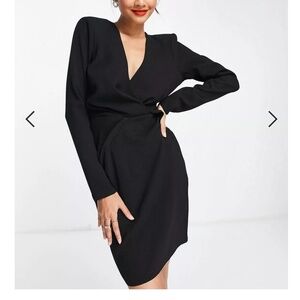 NWT ASOS Shoulder pad Plunge Twist Front long sleeve mini dress LBD